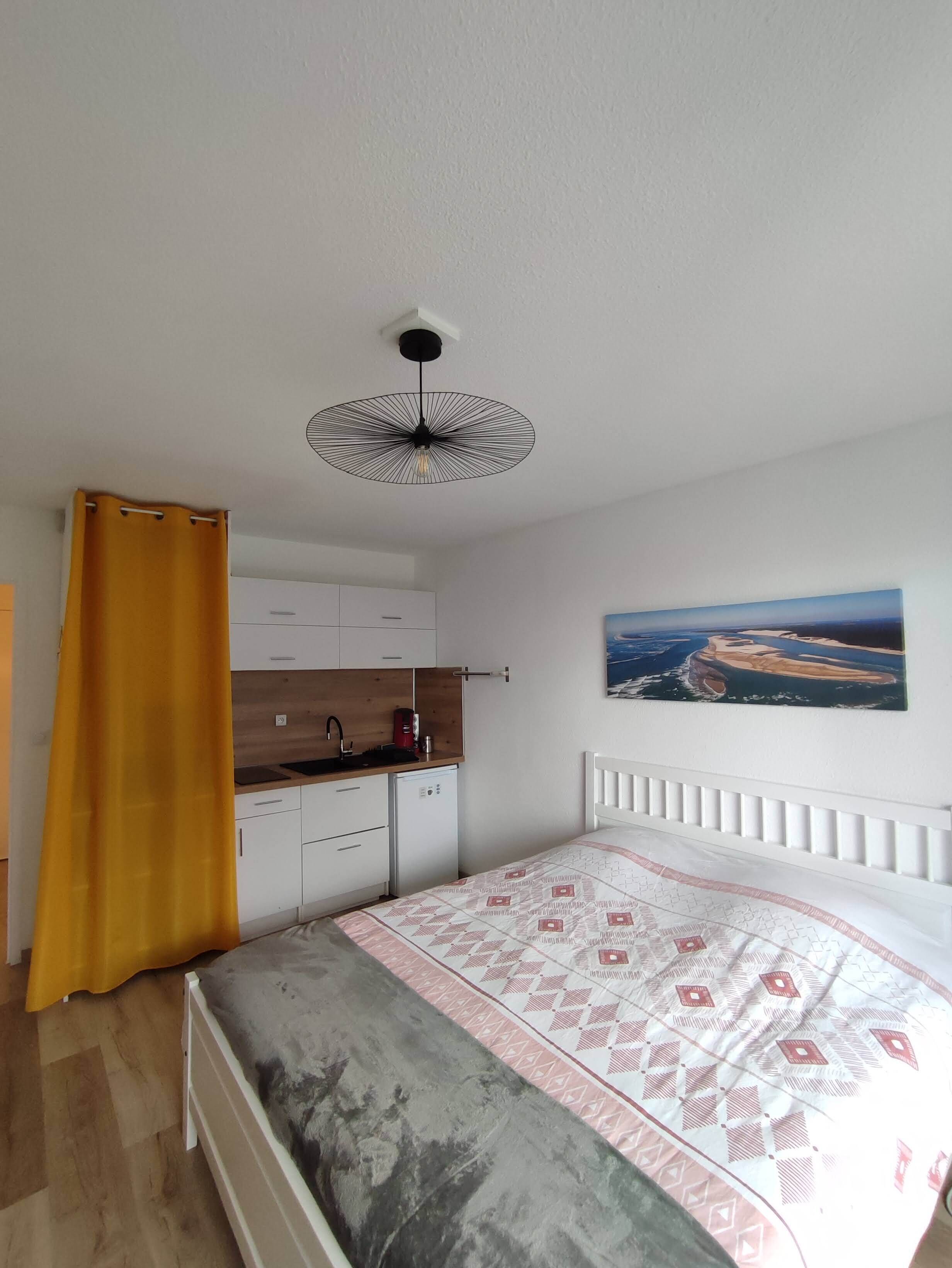 A bedroom with a bed, a window with a view, a kitchen area, and a ceiling fan.