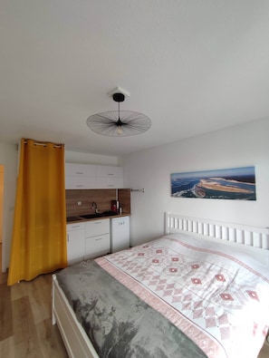 Ein Schlafzimmer mit Bett, einem Fenster mit Aussicht, einer Küchenzeile und einem Deckenventilator.