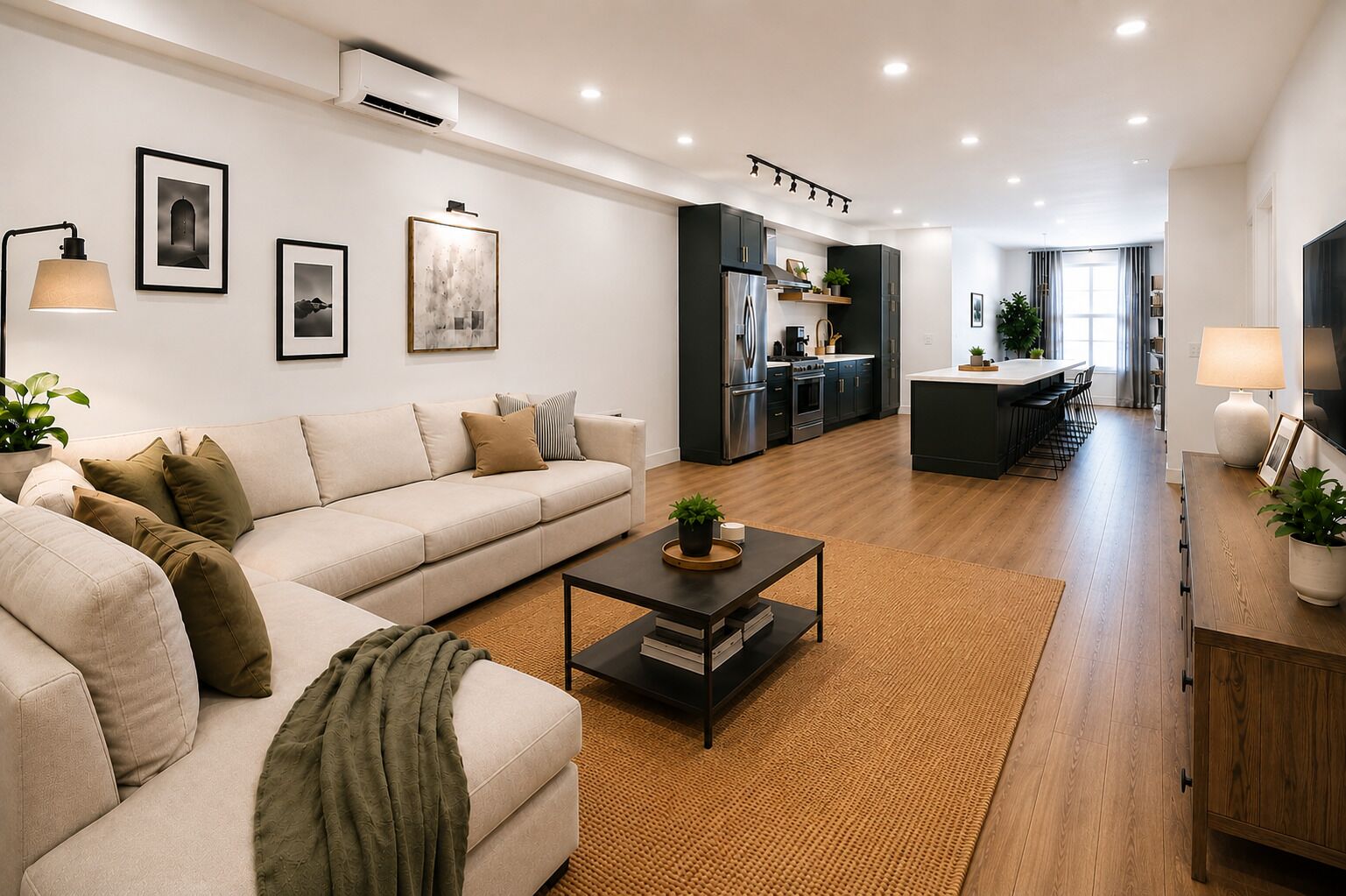 A modern living room with a sofa, coffee table, and artwork on the wall.