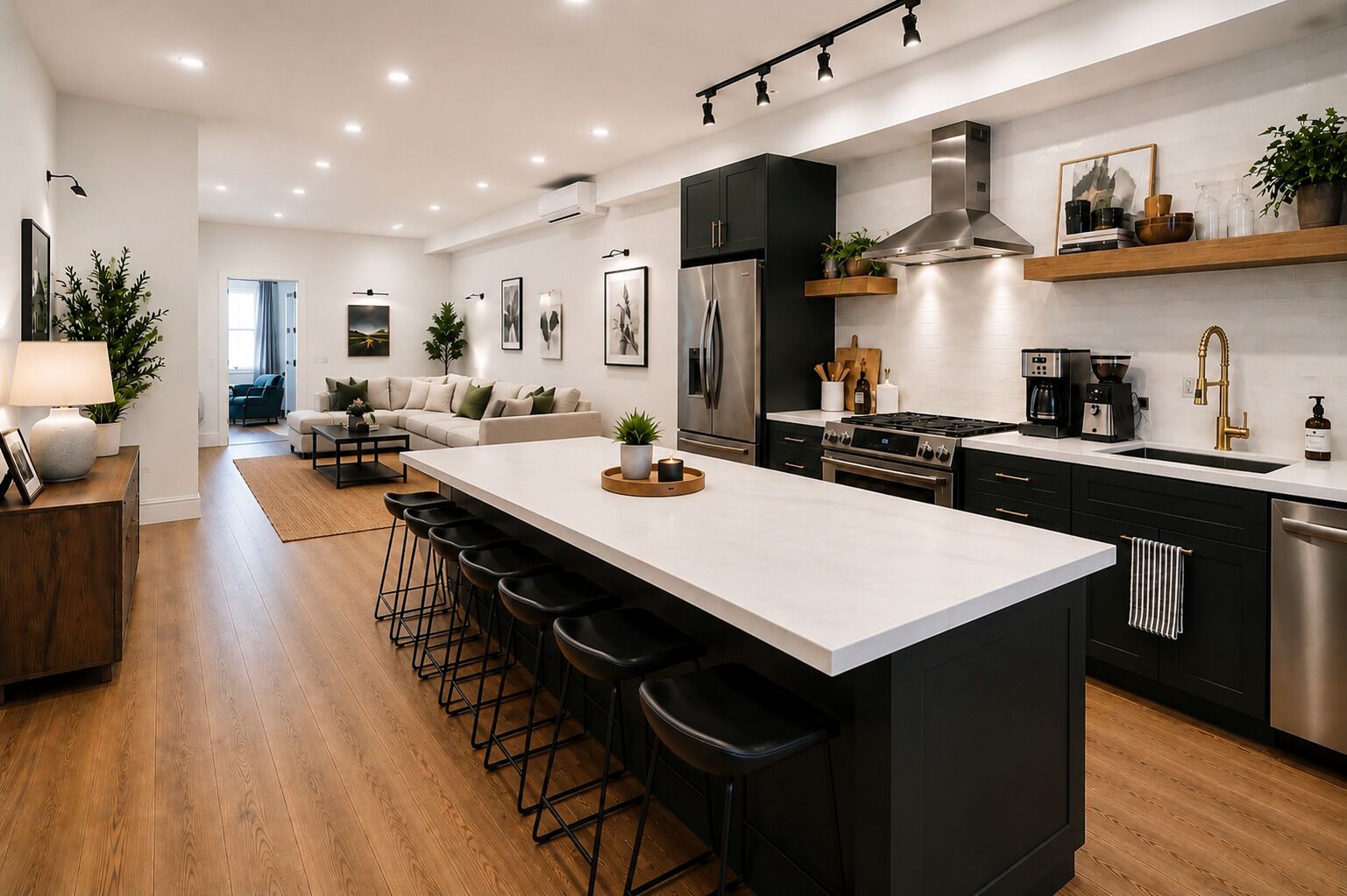 A modern kitchen with a central island, bar stools, stainless steel appliances, and a dining area with a sofa and chairs.