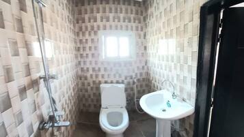 Een badkamer met een toilet, een wastafel en een douche.