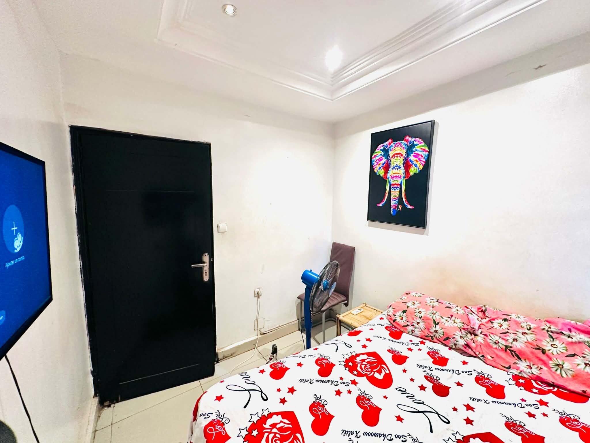 A bedroom with a bed, a door, a wall-mounted TV, a fan, and a colorful elephant painting.