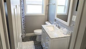 Un baño con inodoro, lavamanos y espejo.
