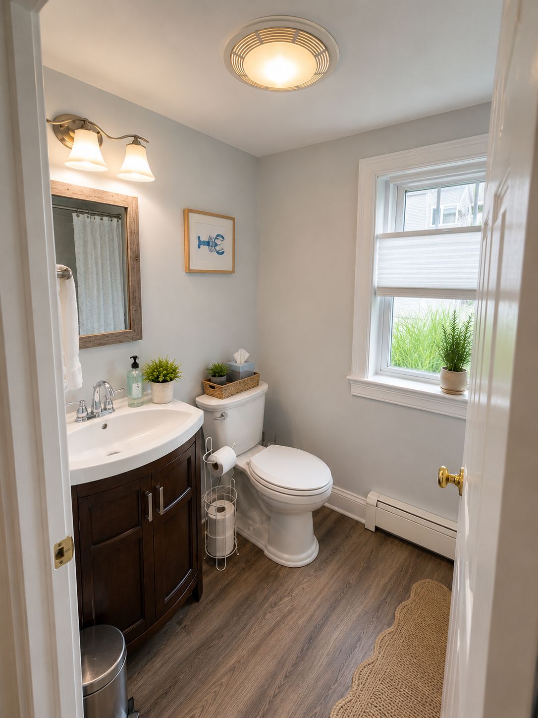 A bathroom with a white sink, dark wooden cabinets, a toilet, and a window with blinds.