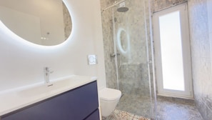 A modern bathroom with a shower, toilet, and a vanity with a mirror.