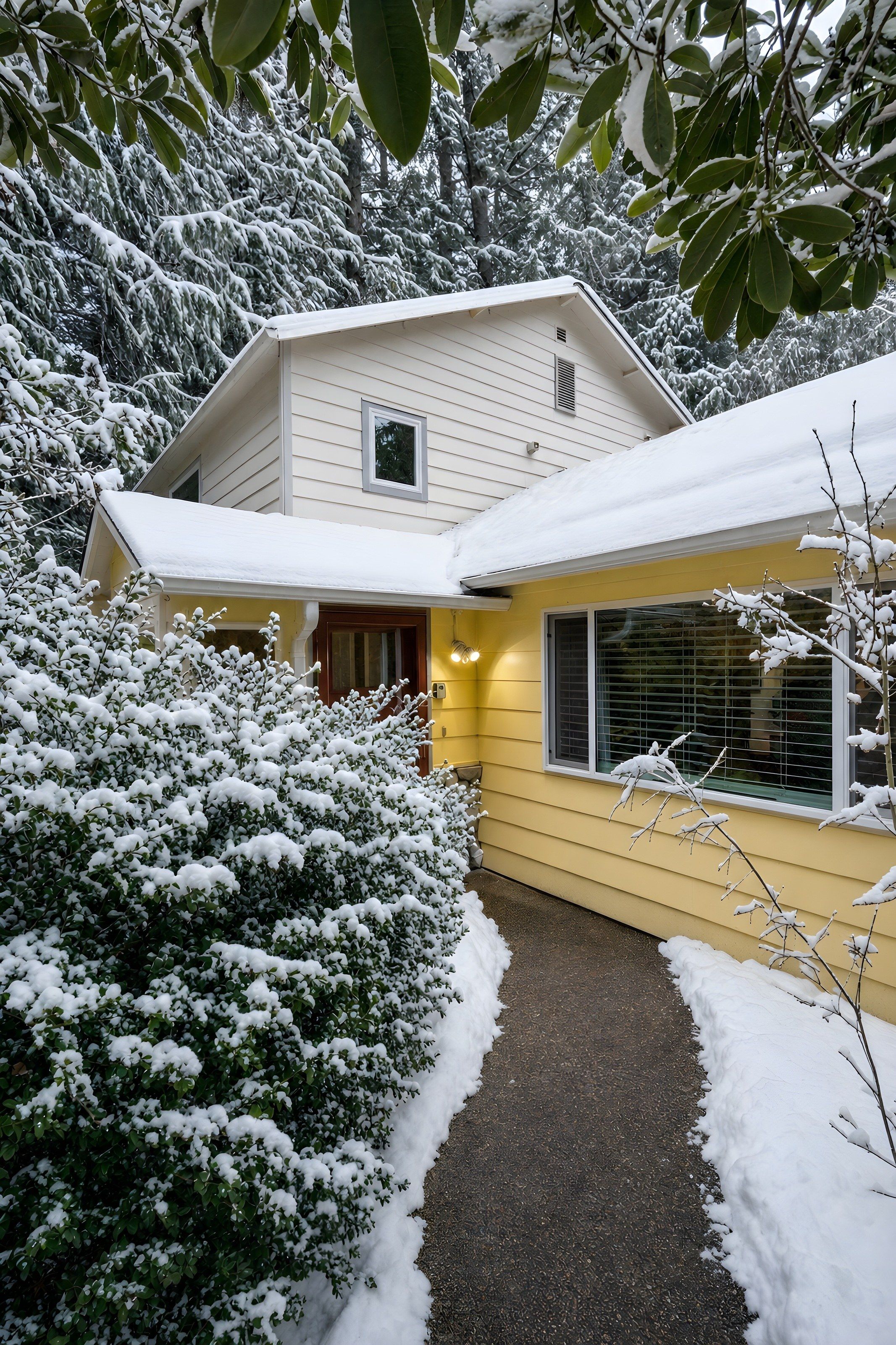 Ein Haus mit schneebedecktem Dach und umliegenden Bäumen.