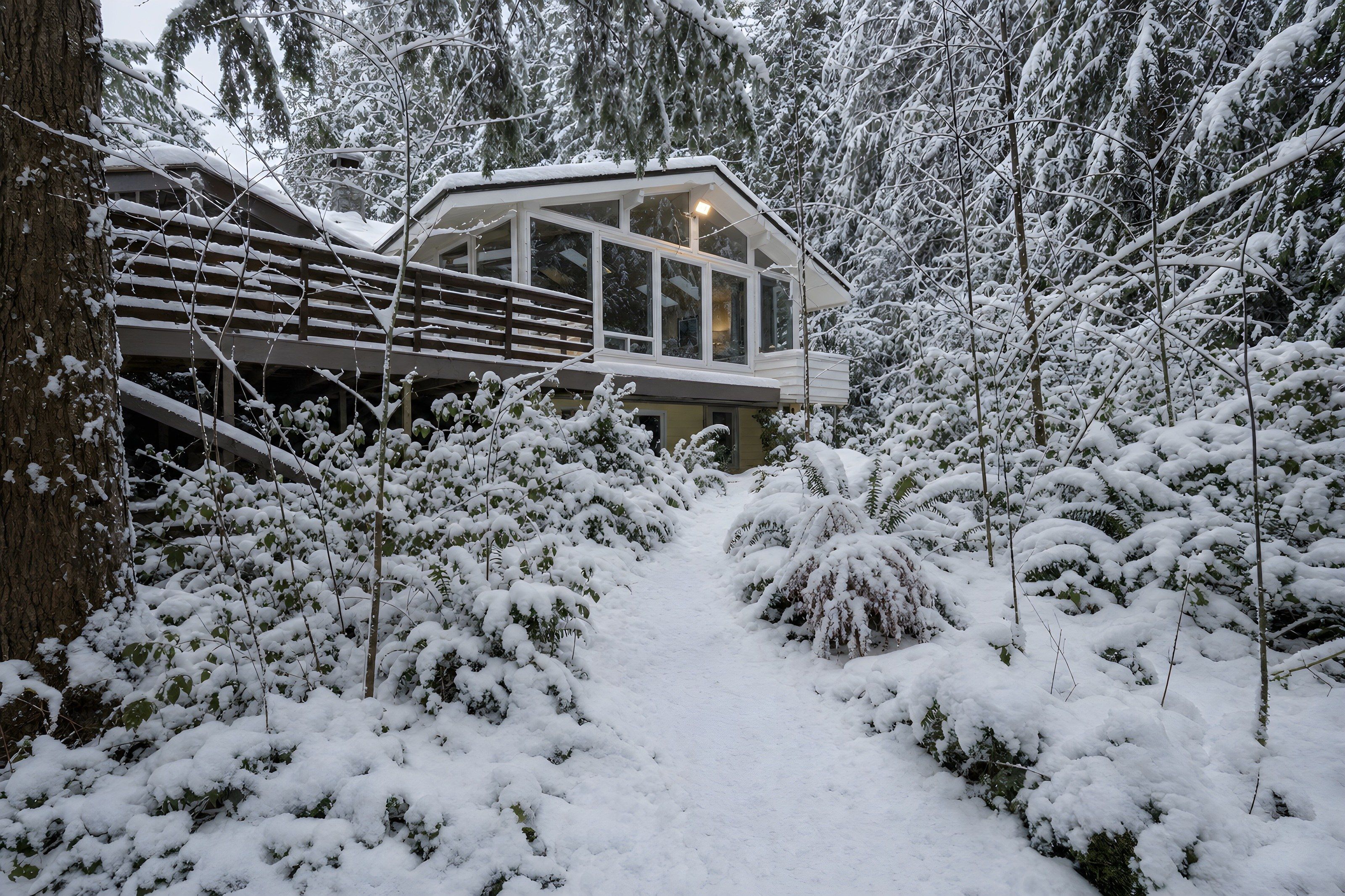 Ein verschneiter Pfad führt zu einer Hütte mit einer Terrasse und großen Fenstern.