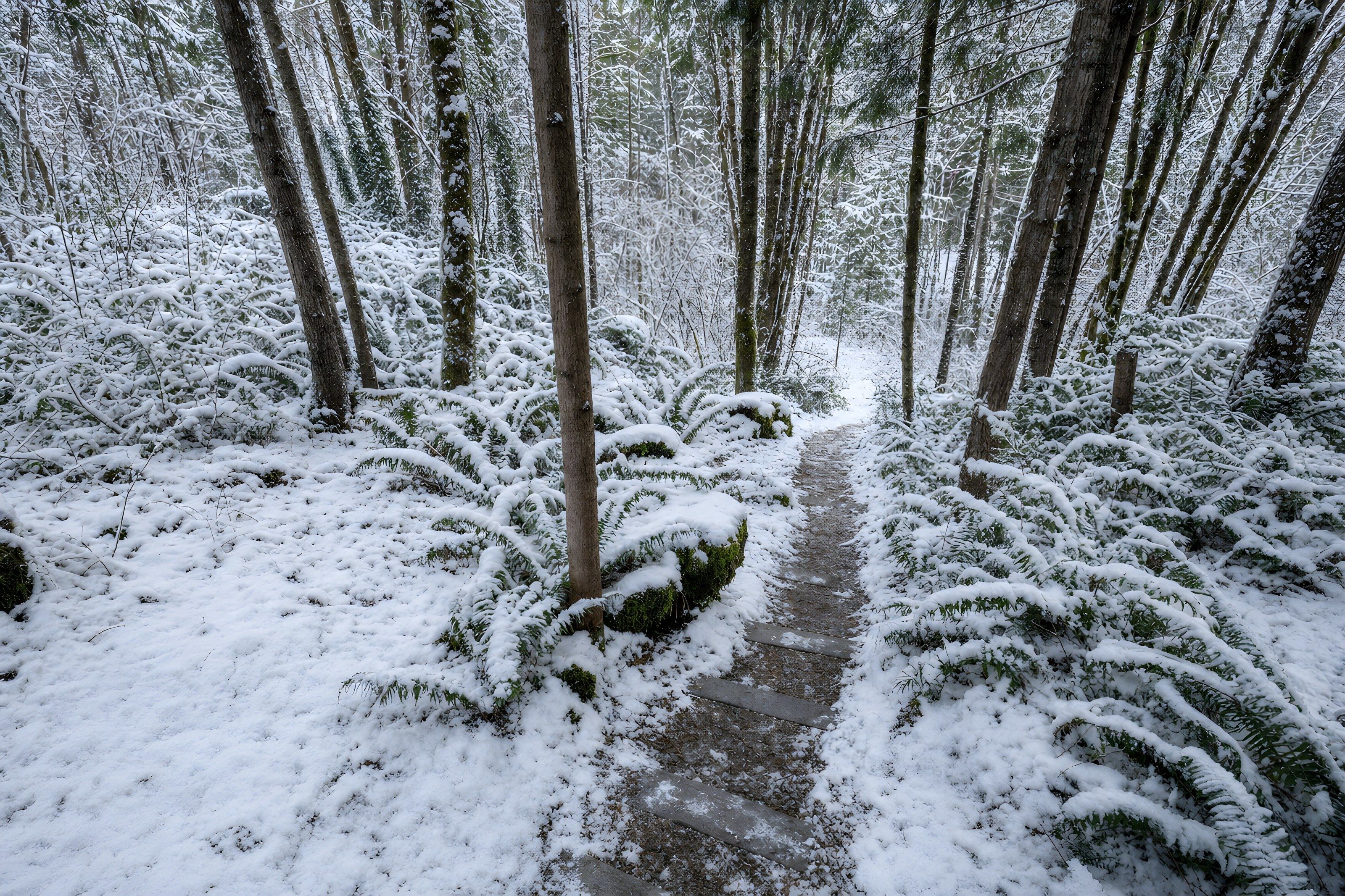 Uma trilha nevada em meio à floresta.
