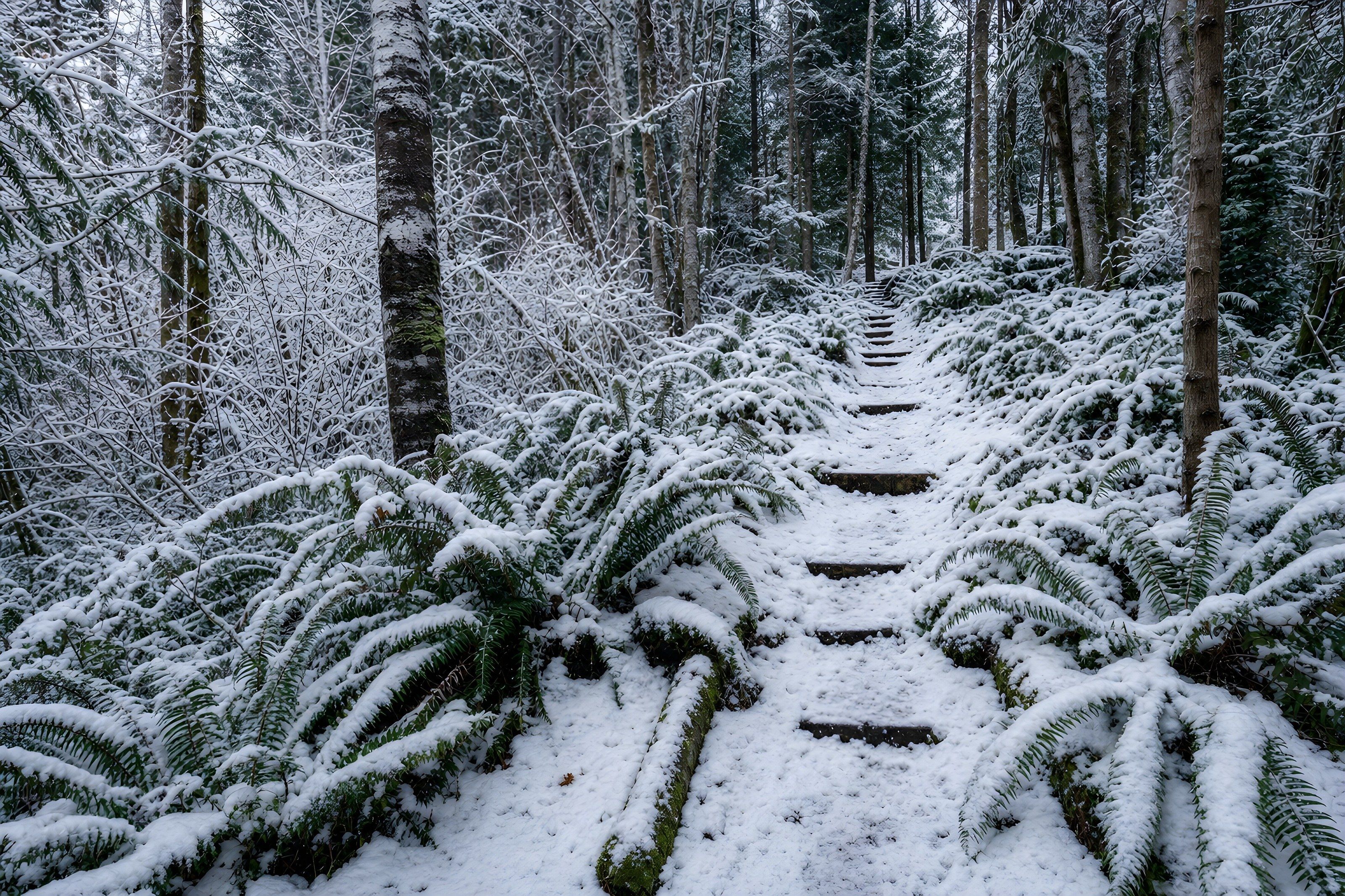 Un sendero cubierto de nieve en un bosque denso con árboles y helechos.