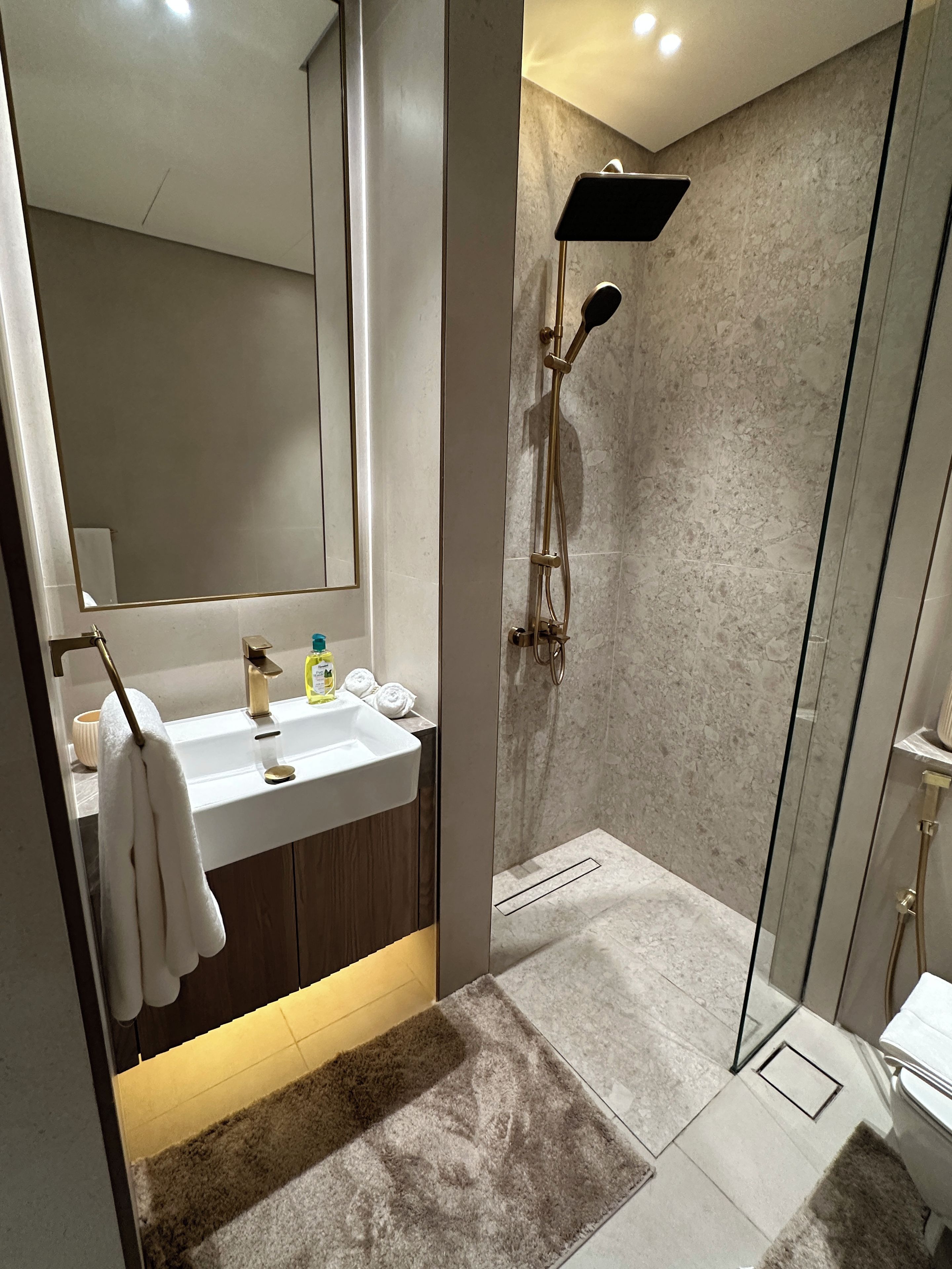 Apartemen Mewah, 1 Tempat Tidur King dengan tempat tidur Sofa | Kamar mandi | Shower, handuk, sabun, dan sampo