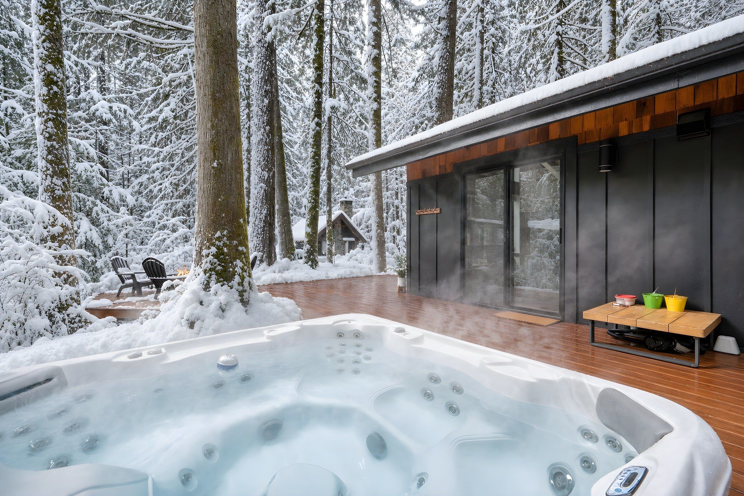 Private hot tub on the deck, in winter.