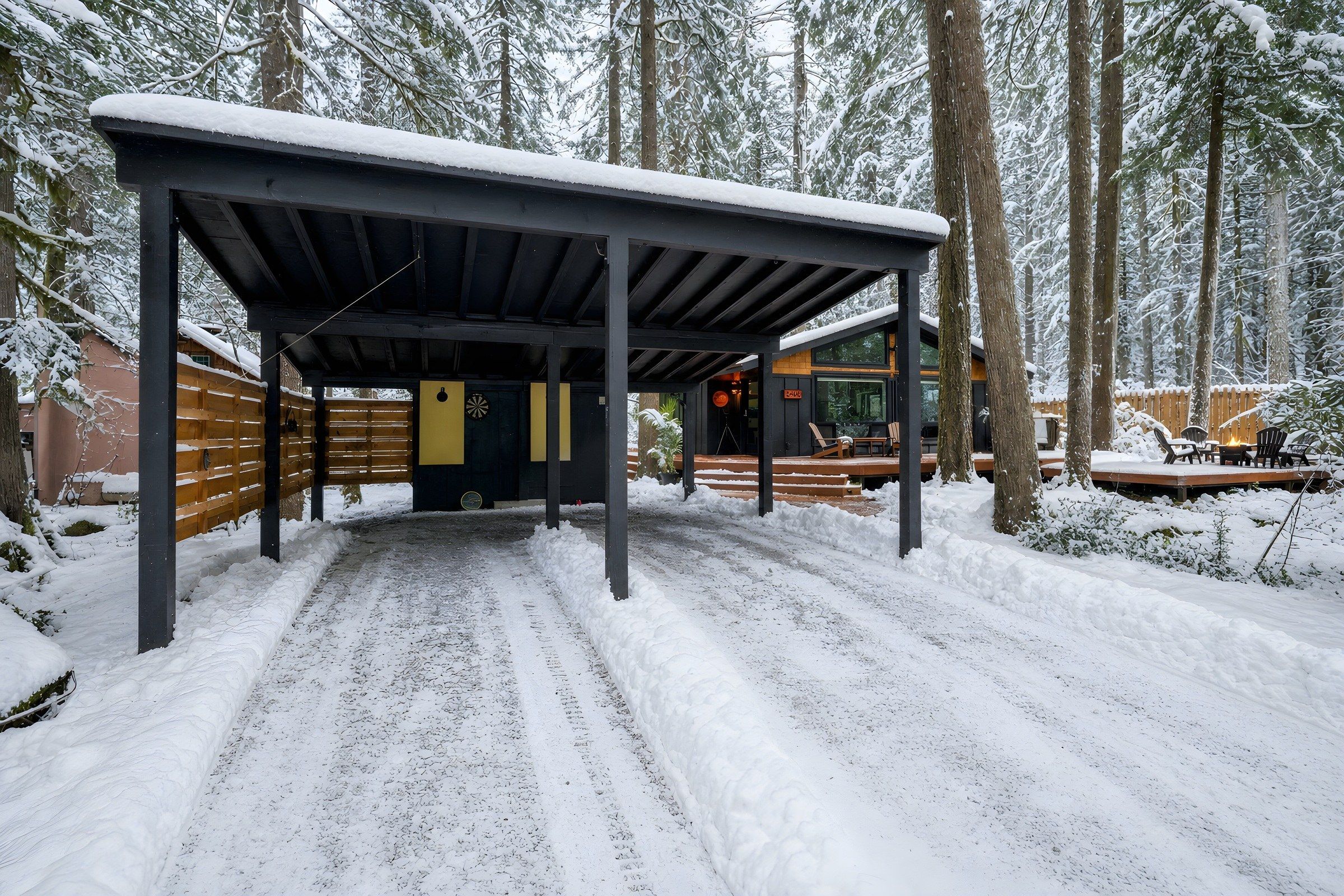 Ein überdachter Außenbereich mit einer Holzterrasse und einem schneebedeckten Weg zu einem Gebäude.