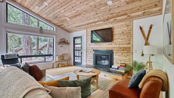 A cozy living room with a fireplace, large windows, and a television.
