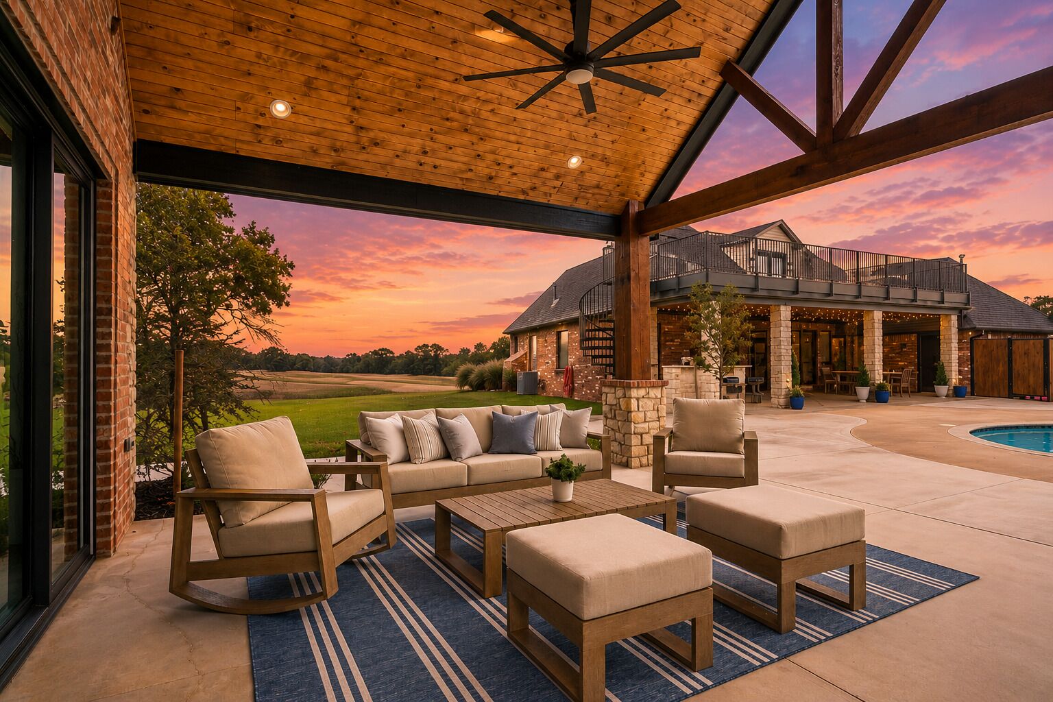 A covered outdoor seating area with a pool, wooden furniture, and a view of a large house.