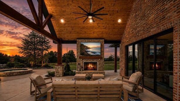 Un patio al aire libre con chimenea de piedra, mobiliario de madera y vista al atardecer.