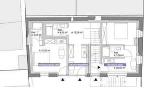 Plano de distribución de un hotel con habitaciones identificadas y sus superficies.