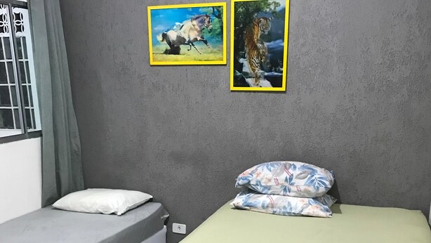 Ein Zimmer mit zwei Betten, eines mit einer weißen und das andere mit einer grünen Matratze, beide mit floralen Kissen.