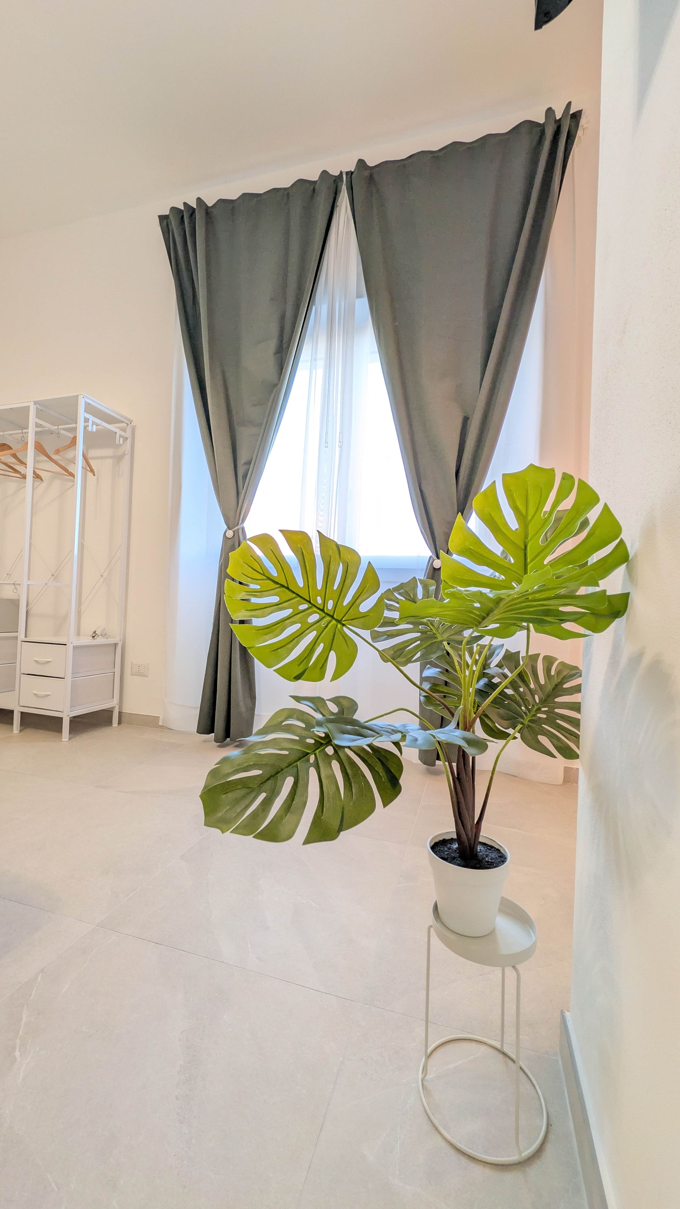 Una habitación con una planta de monstera en maceta, un estante blanco y una ventana con cortinas grises.