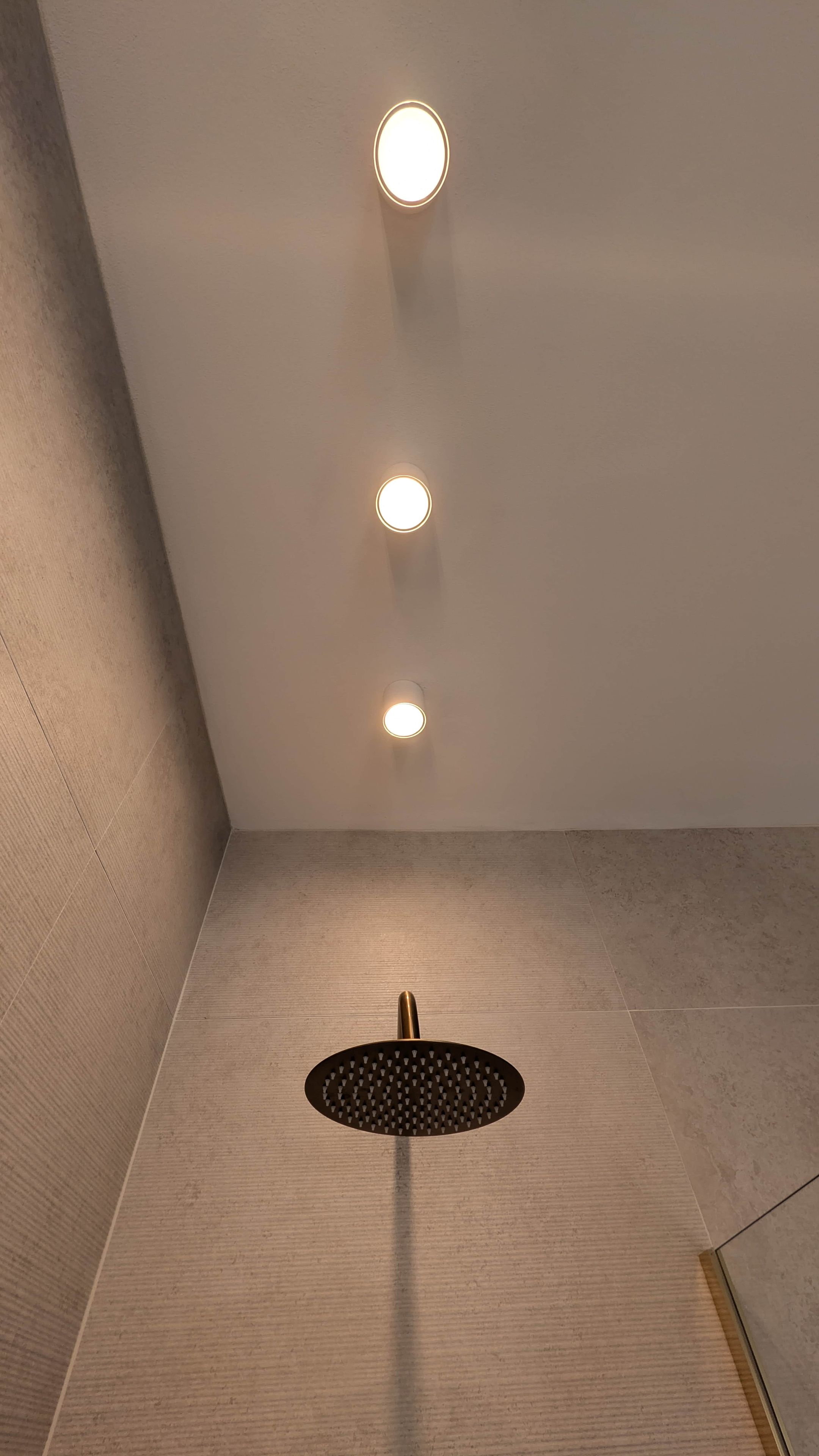 Une salle de bain moderne avec des spots encastrés au plafond et une douche centrale.