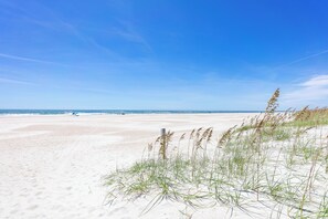 Une plage avec des dunes de sable et une végétation clairsemée.