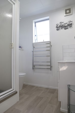 Un bagno con il water, un porta asciugamani, una finestra e un termosifone.