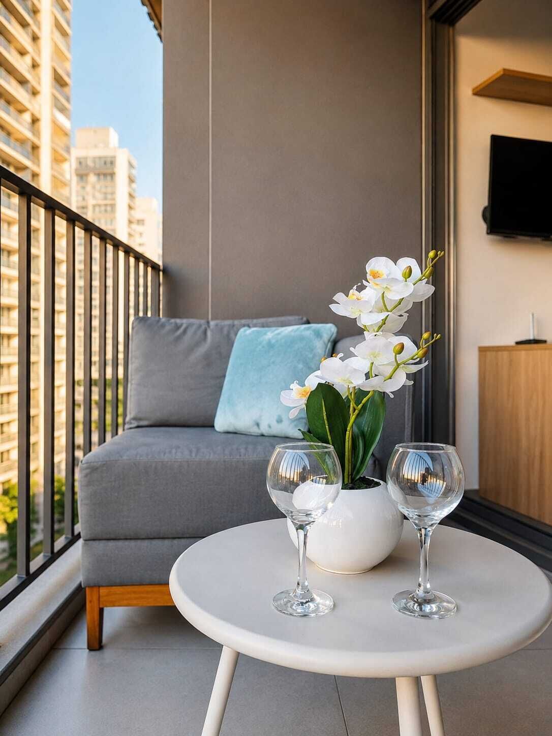 Varanda com sofá cinzento, mesa redonda pequena, dois copos de vinho e uma orquídea branca.
