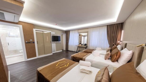 Habitación de hotel con dos camas, televisión, escritorio y baño.