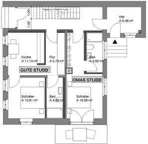 Planta baixa de um hotel com quartos identificados como 'GUTE STUBB' e 'OMAS STUBB', incluindo áreas de 'Küche', 'Flur' e 'Bad'.