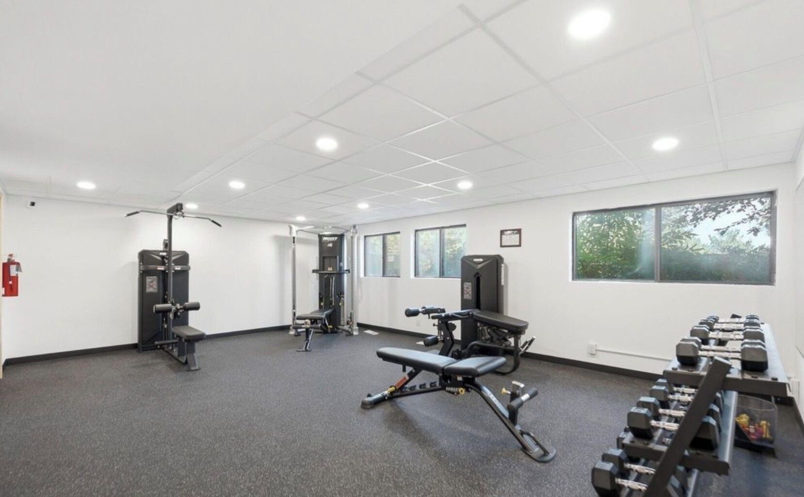 A gym with various exercise equipment, a bench, and dumbbells.