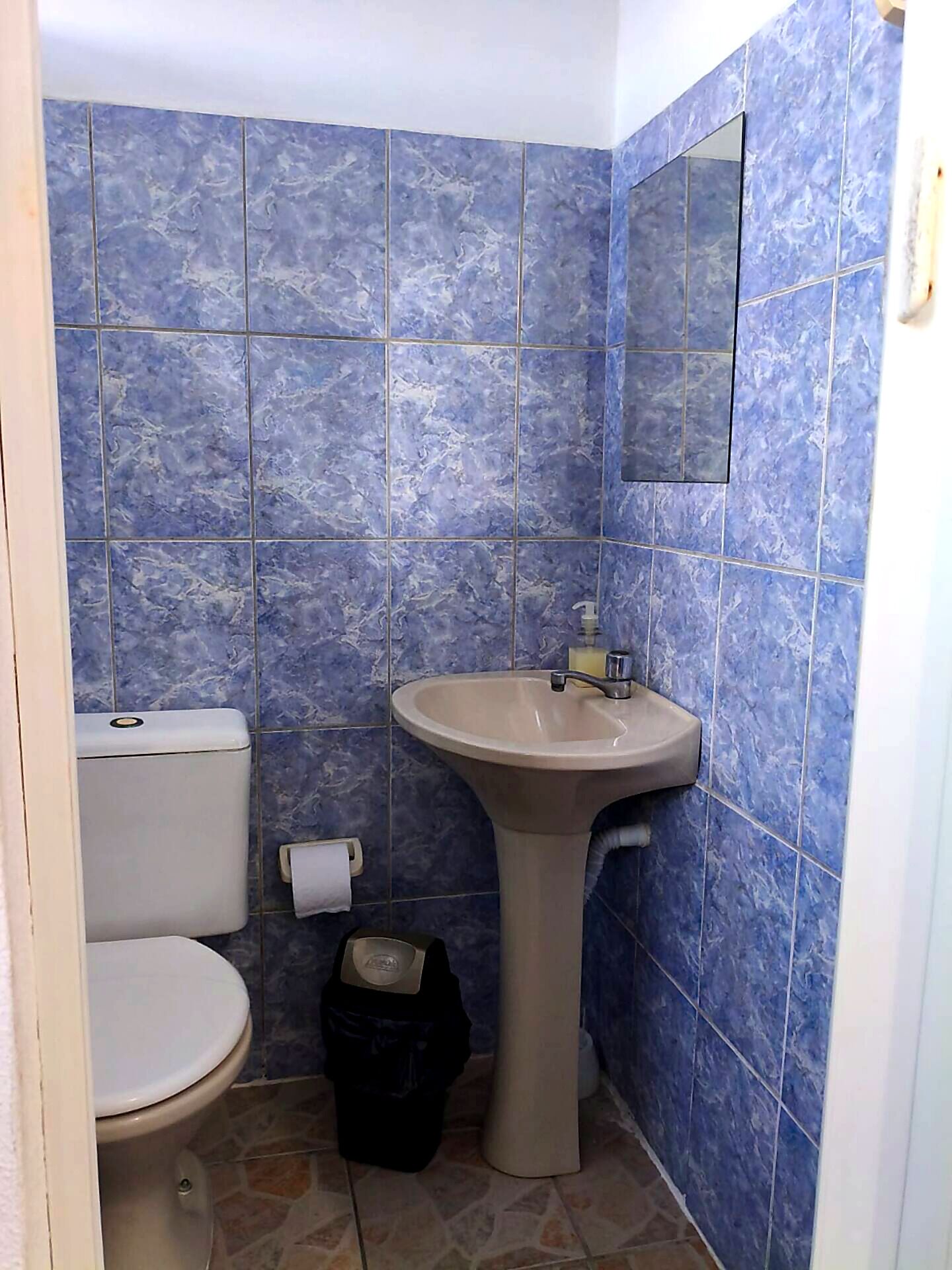Casa de banho com sanita, lavatório e espelho na parede.
