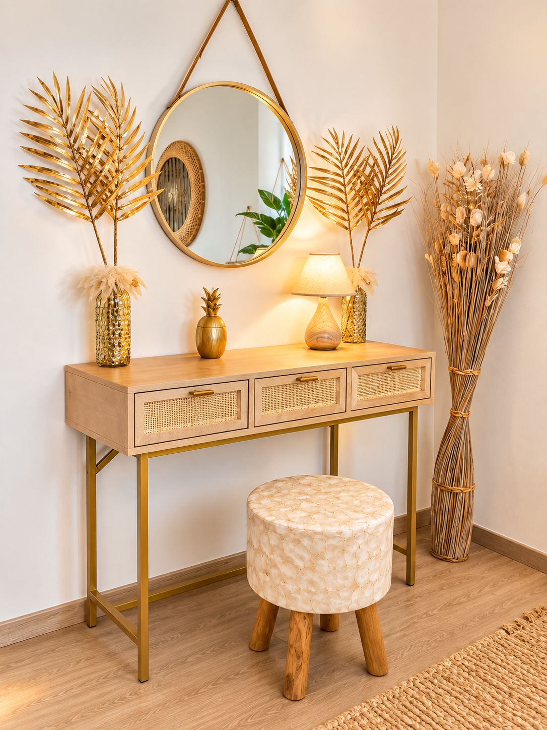 A wooden vanity with a round mirror, a lamp, and decorative items including a pineapple and dried plants.