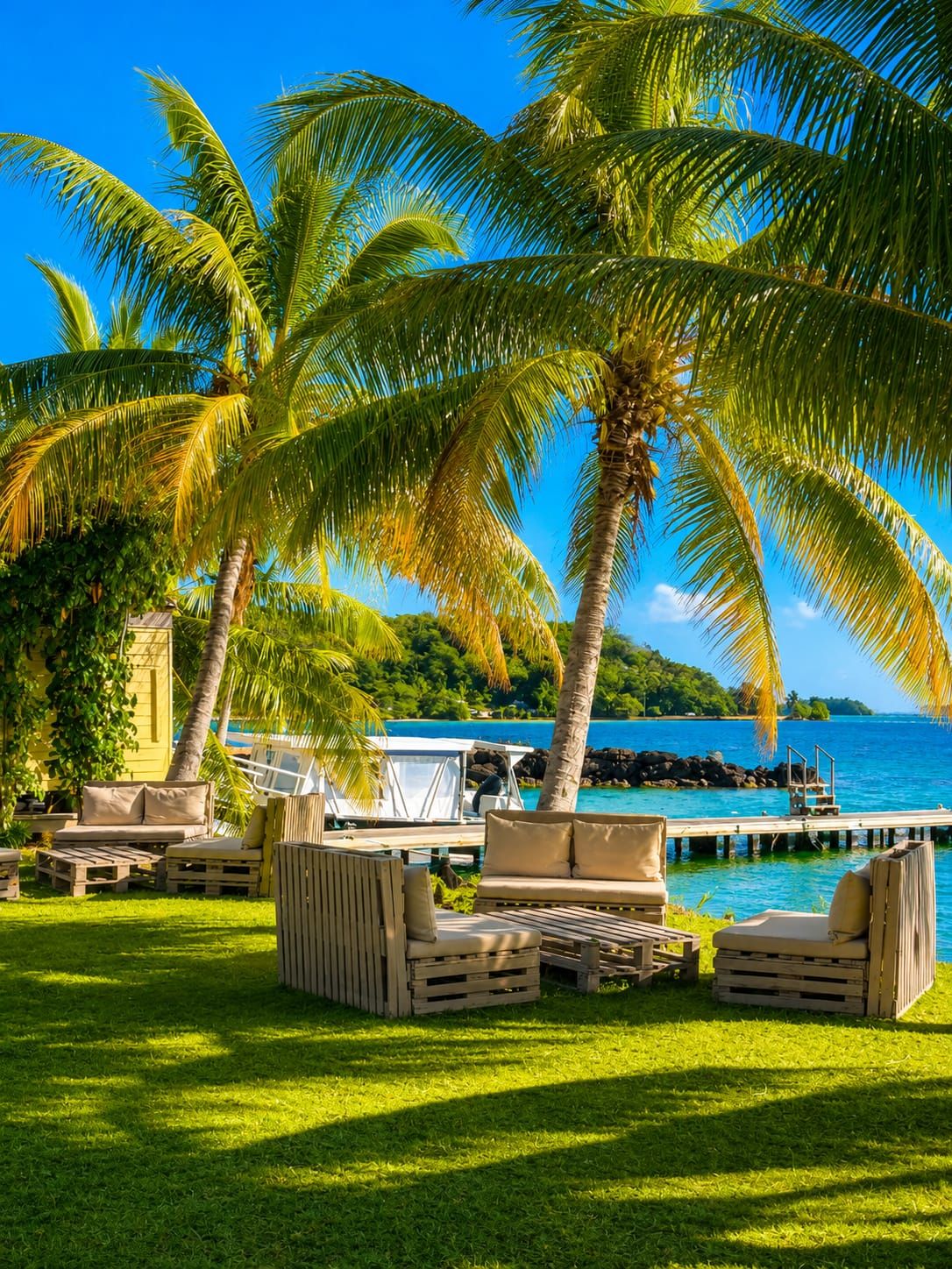 A tropical resort with palm trees, a pool, and outdoor seating.