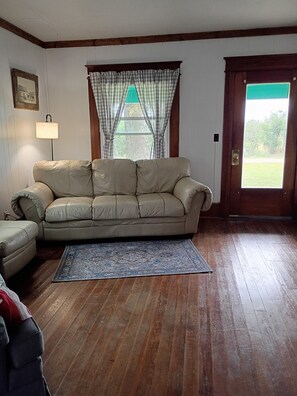 Una sala de estar con un sofá color beige, un tapete estampado, piso de madera, una lámpara, una ventana con cortinas y una puerta con vistas verdes.
