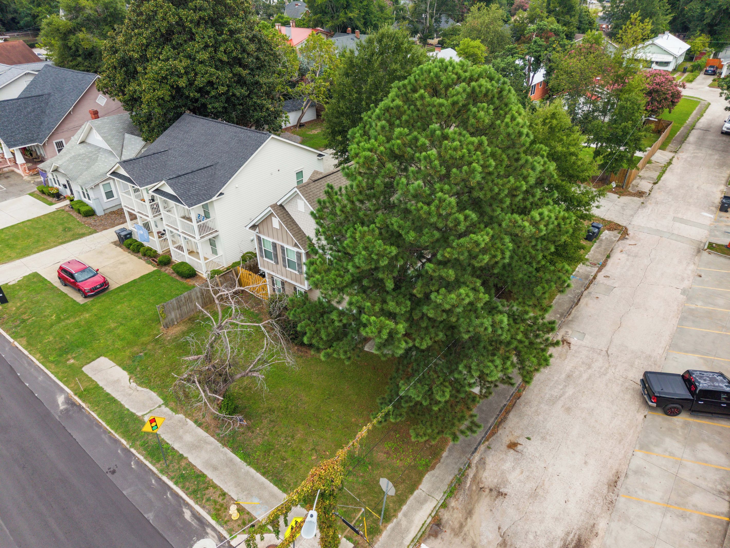 A residential area with houses, a parking lot, and a large tree.