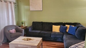 A living room with a dark-colored sofa, a wooden coffee table, and a grey armchair.