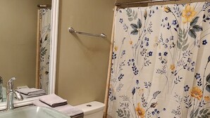 A bathroom with a glass sink, a toilet, a shower curtain with floral patterns, and a mirror.