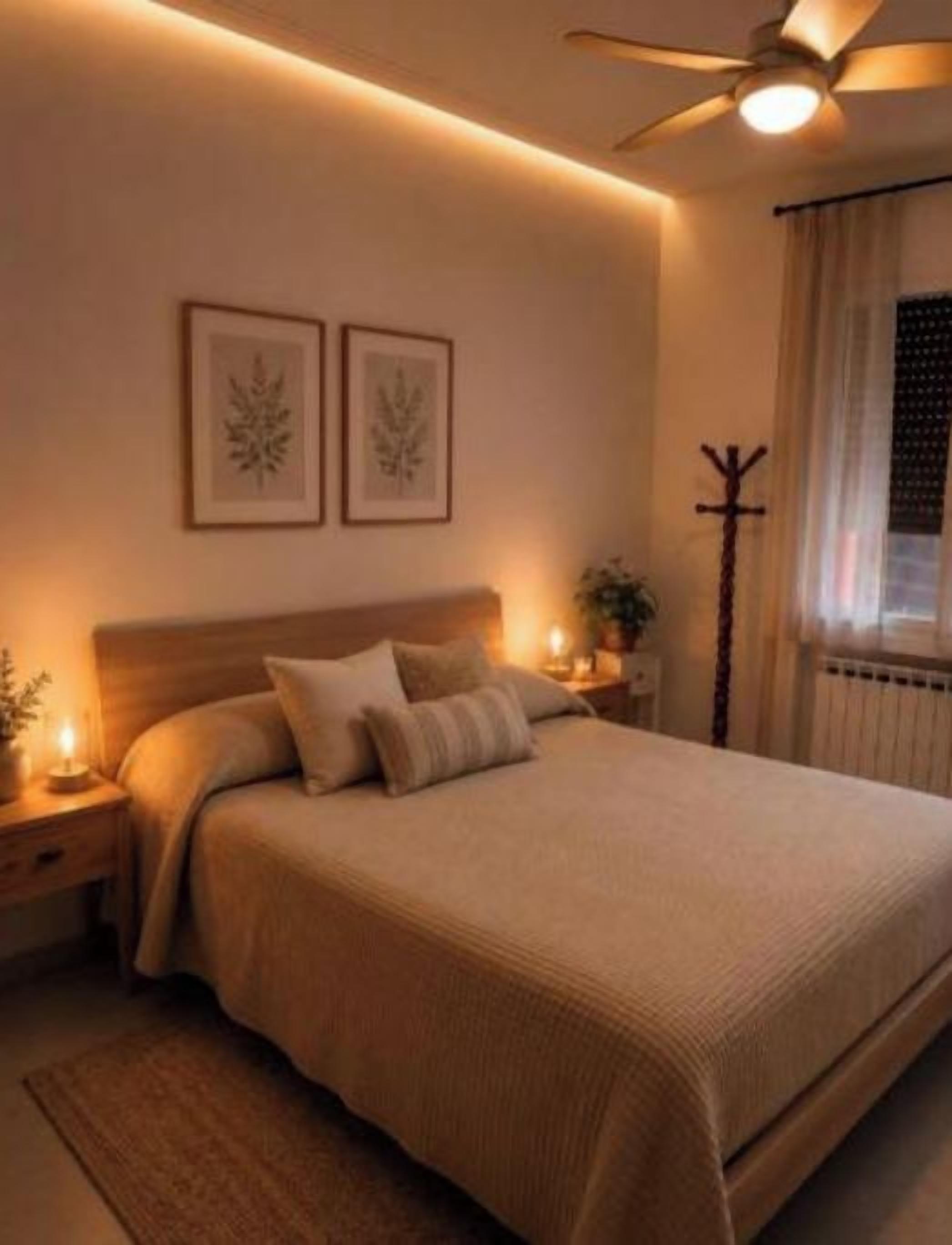 Un dormitori amb un llit, làmpades de nit, un ventilador de sostre i quadres a la paret.