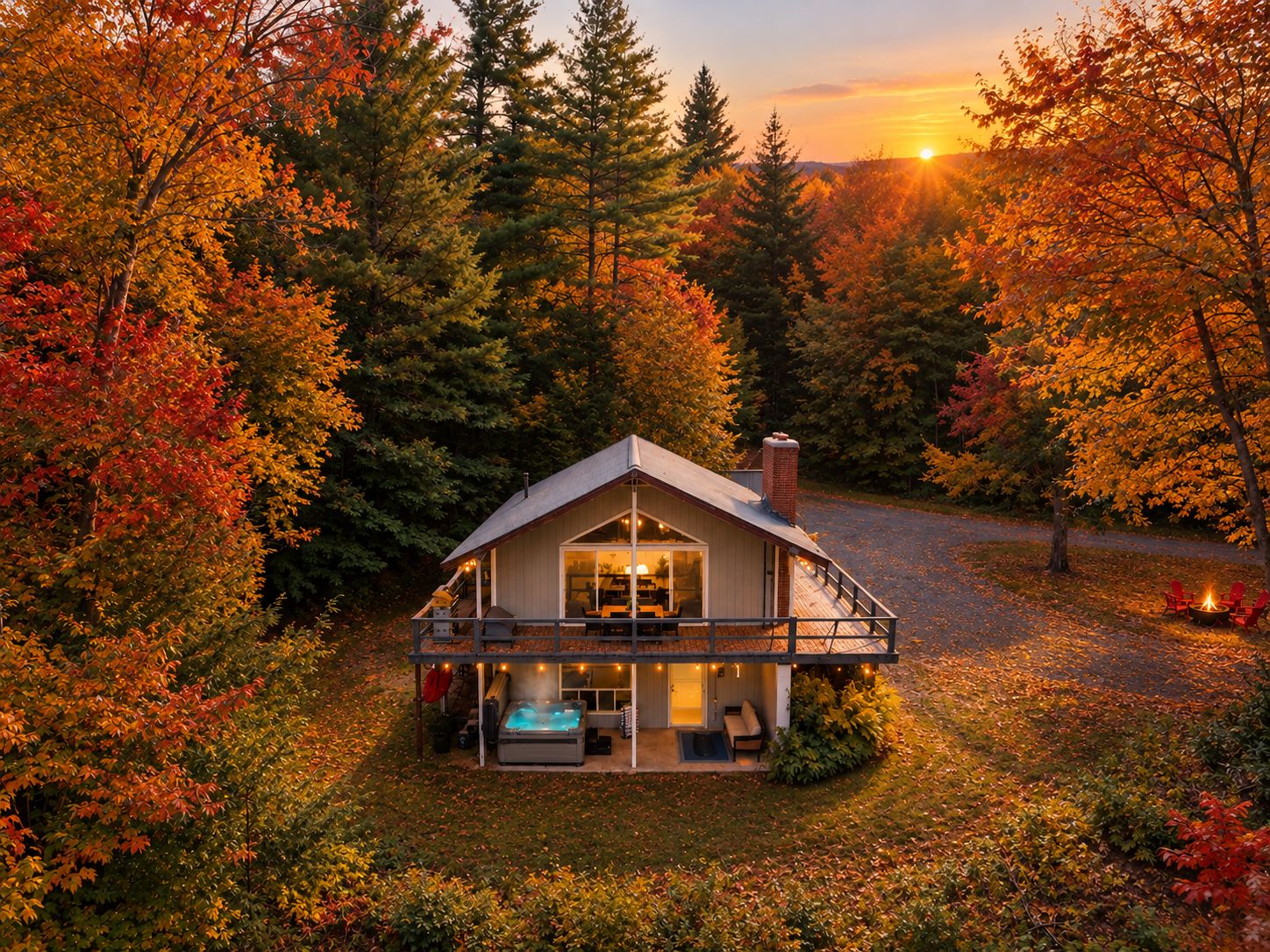 A cabin with a hot tub, surrounded by trees with autumn foliage, and a deck with outdoor seating.