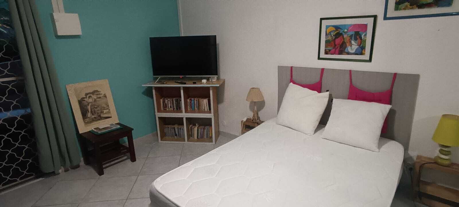 A bedroom with a bed, a television on a stand, a bookshelf, and a painting on the wall.