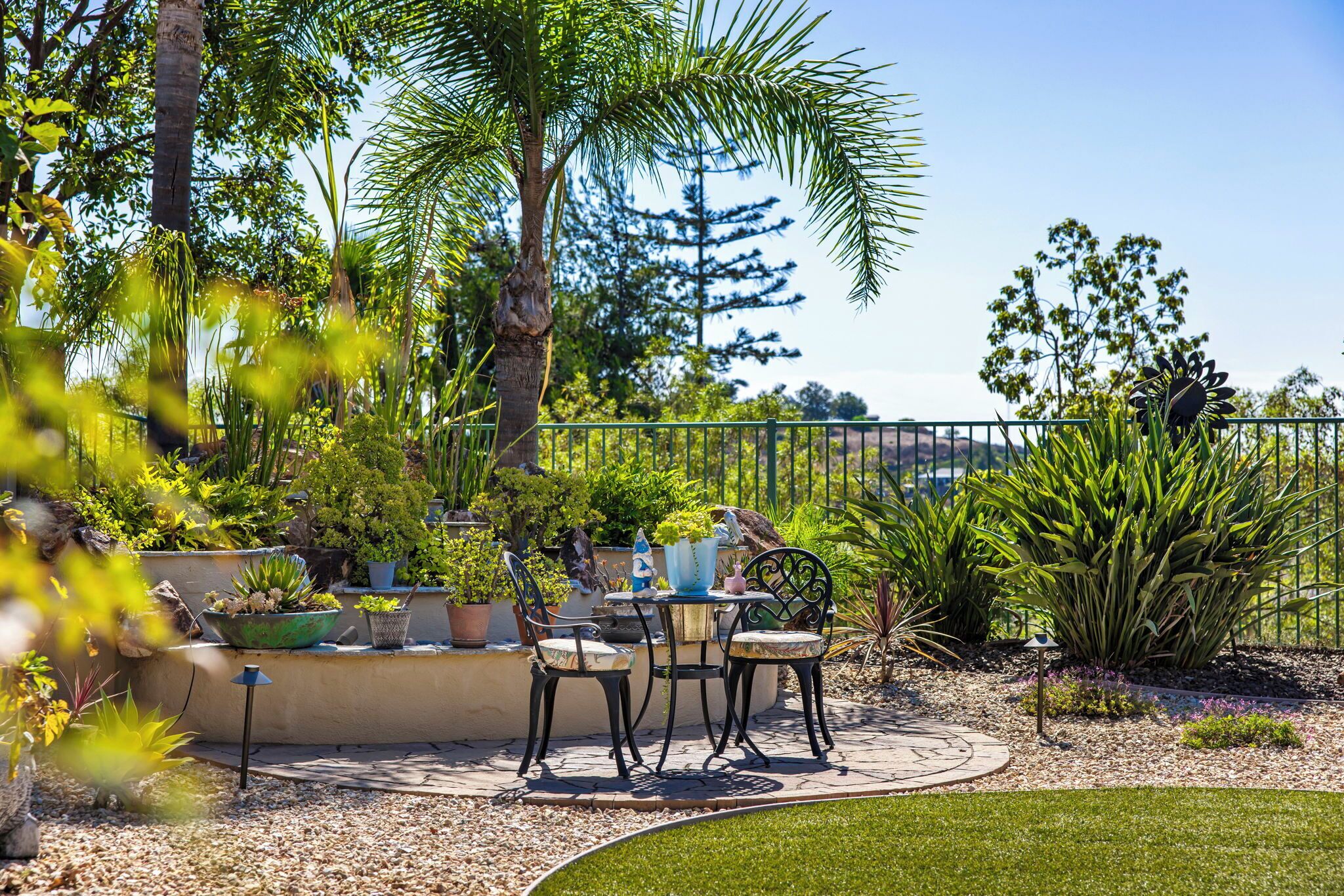Une terrasse extérieure avec une table et des chaises, entourée de différents pots de plantes et d’un palmier.