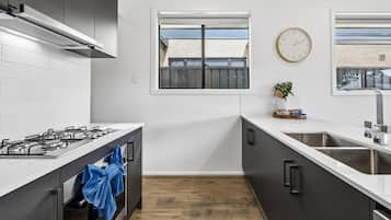 A modern kitchen with a gas stove, stainless steel sink, and a window with a view of buildings.