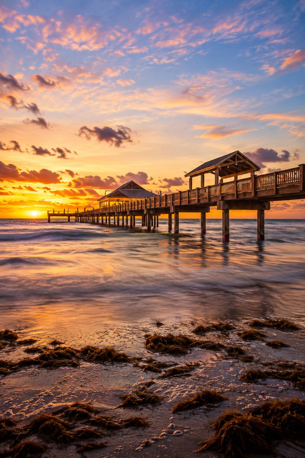 A pier extending into the ocean with a sunset in the background.