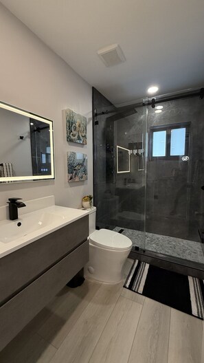 Um banheiro moderno com chuveiro em cabine de vidro, vaso sanitário branco e toucador com espelho.