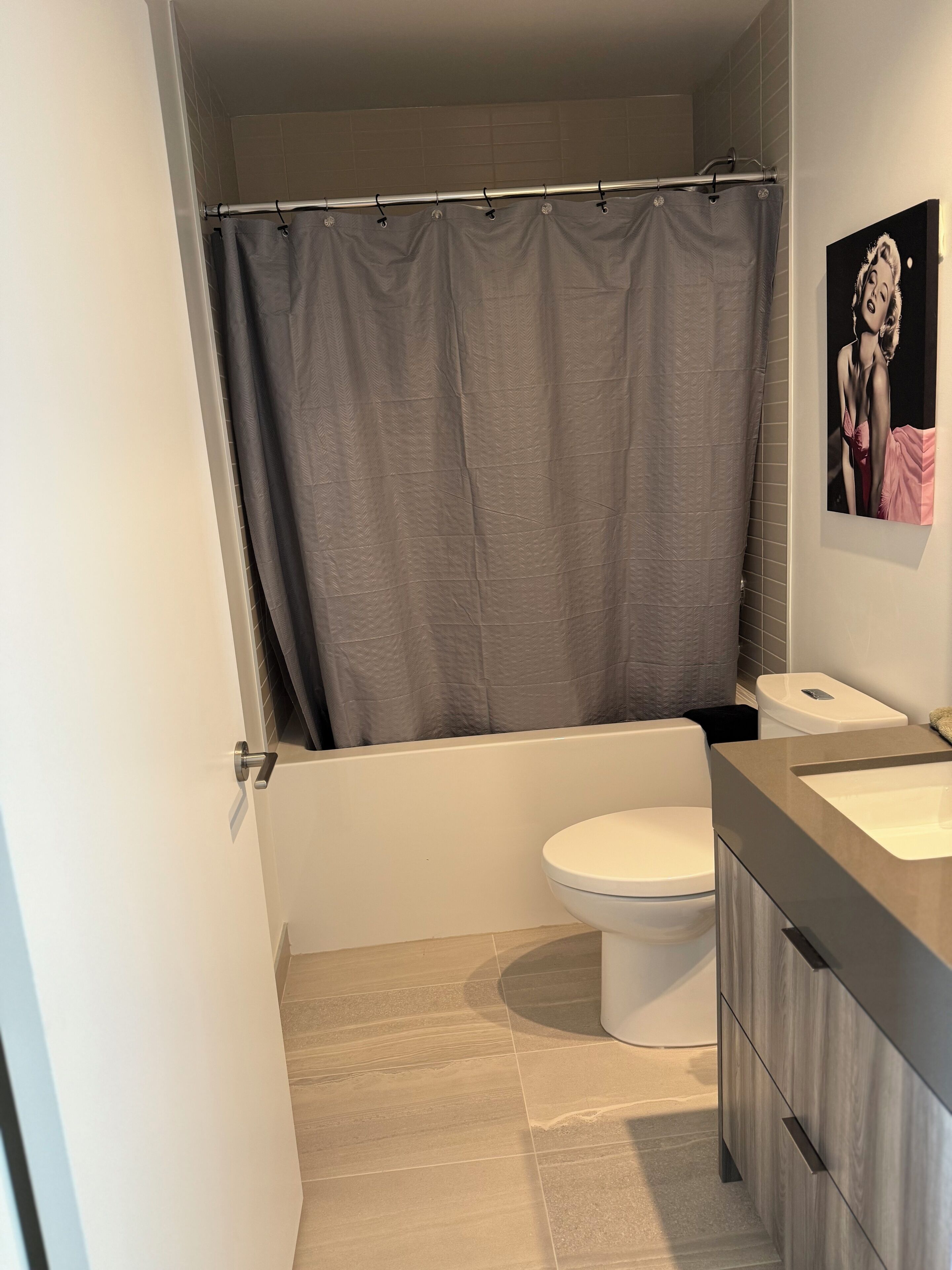 A bathroom with a bathtub, toilet, and a shower curtain.