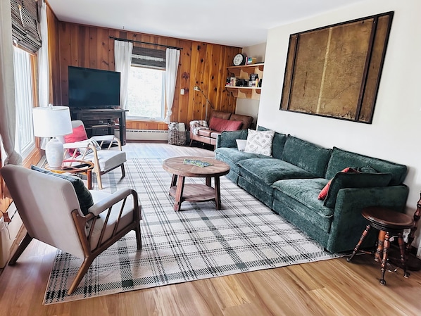 A cozy living room with a green sofa, a wooden coffee table, a plaid rug, and a television.