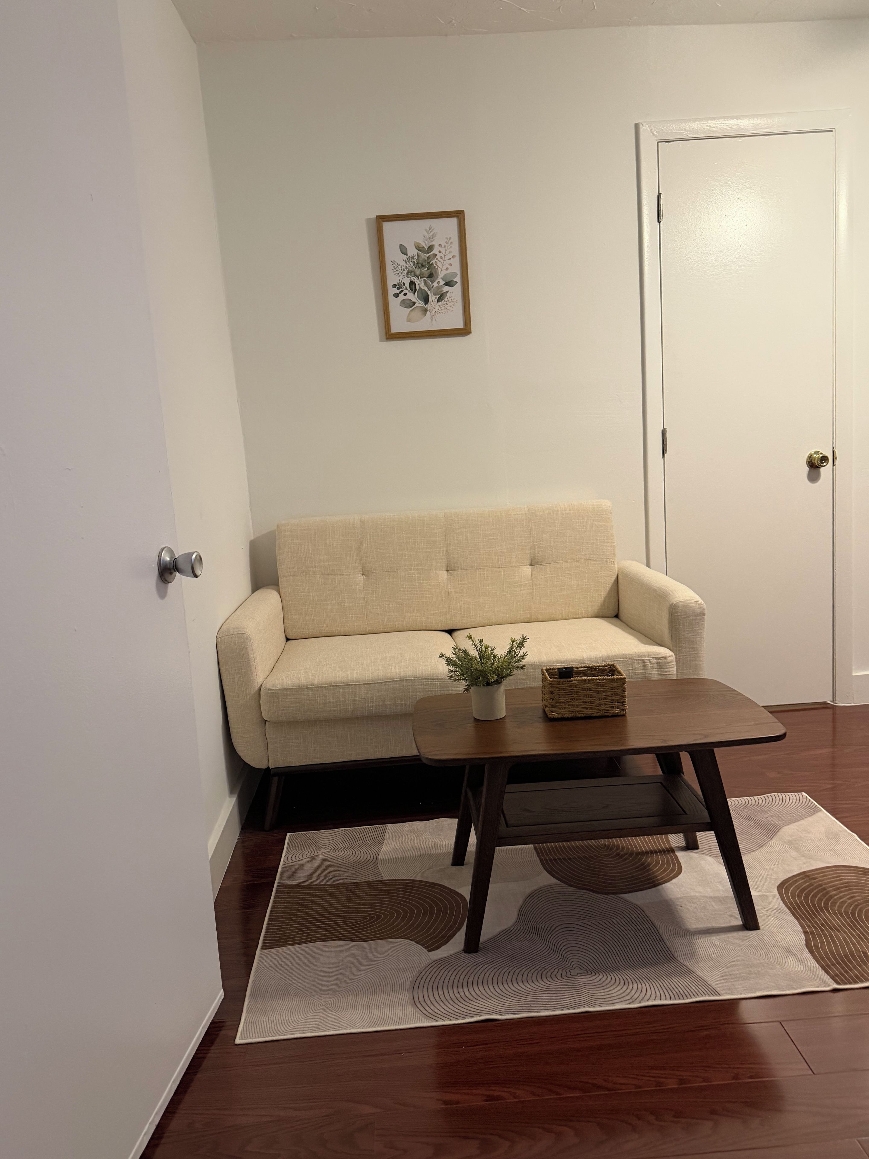 Un salon avec un canapé, une table basse, une plante en pot et un tableau encadré au mur.