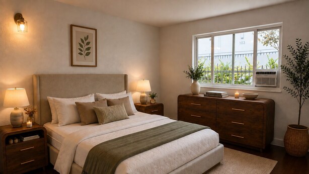 A bedroom with a bed, nightstands, a dresser, a window, and a plant.