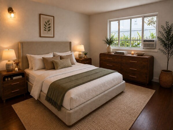 A bedroom with a bed, nightstands, a dresser, a window, and a plant.