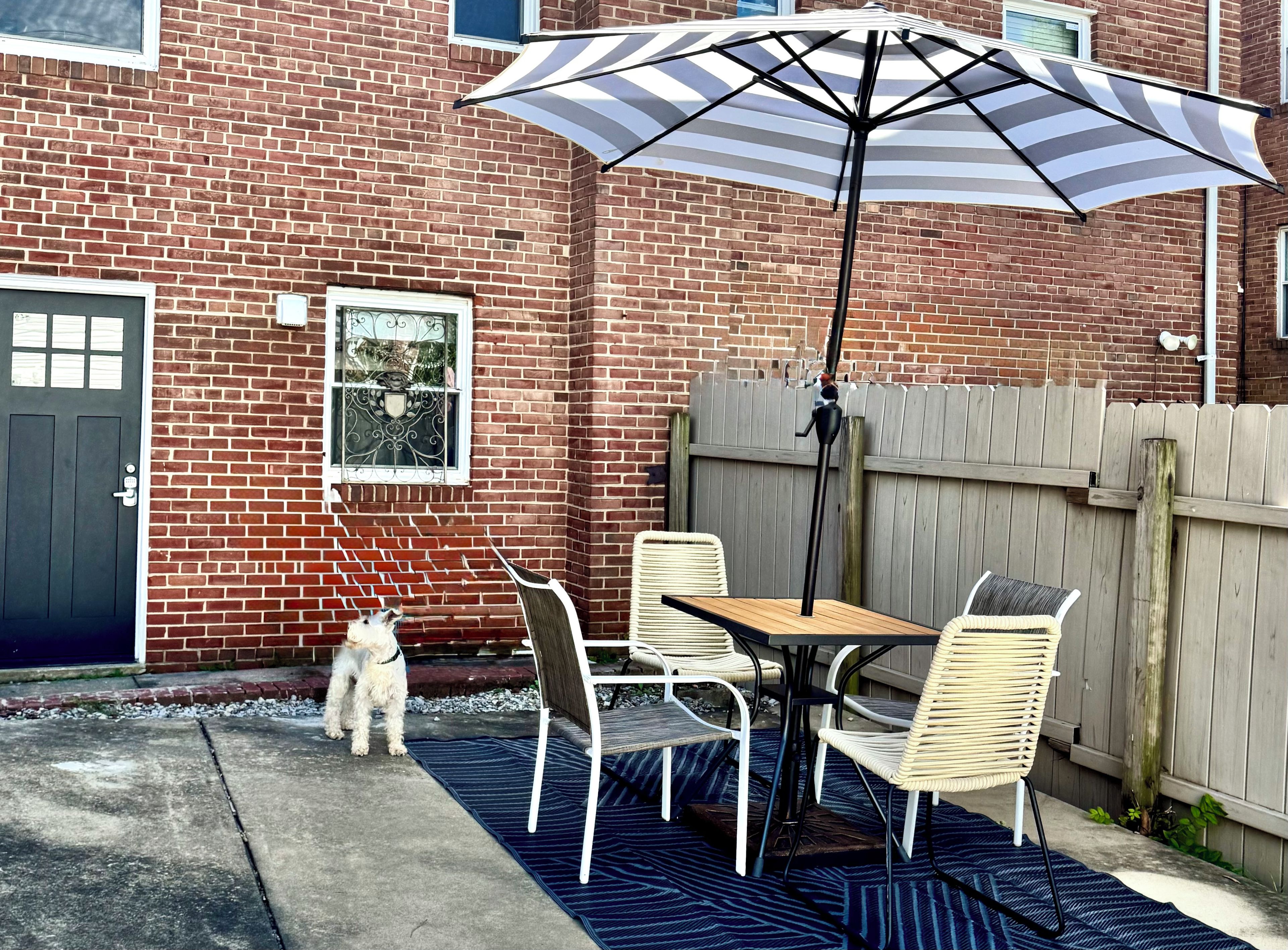 Une terrasse avec une table et des chaises, un chien et un grand parasol.