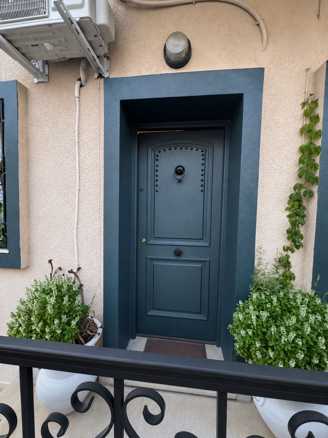 A dark blue door with a round peephole and a knocker, flanked by two potted plants with white flowers, set against a textured wall with a blue trim.